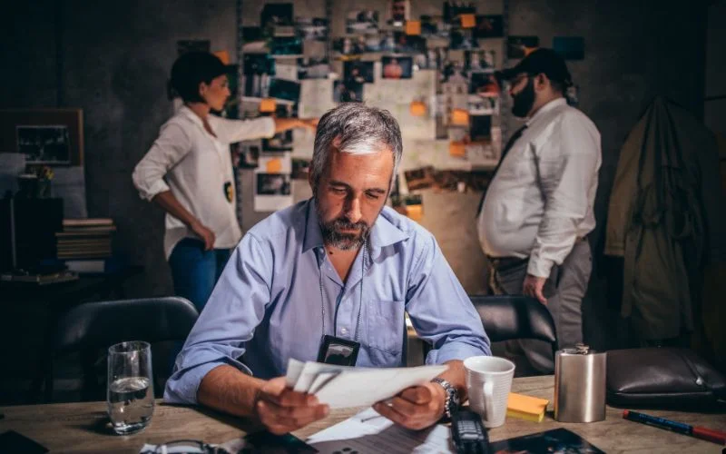 a-private-investigator-sitting-at-a-desk-looking-at-a-piece-of-paper